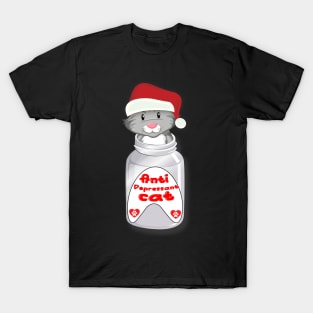 Antidepressant Cat Wearing Christmas Hat T-Shirt